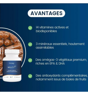 Multivitamines Multi 27 – 27 Nutriments Essentiels pour Énergie & Immunité | Complément Vegan | Dynveo