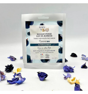 Masque Visage Soif de Jeunesse Born to Bio – soin hydratant repulpant en coton bio certifié pour une peau jeune et lumineuse