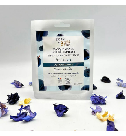 Masque Visage Soif de Jeunesse Born to Bio – soin hydratant repulpant en coton bio certifié pour une peau jeune et lumineuse